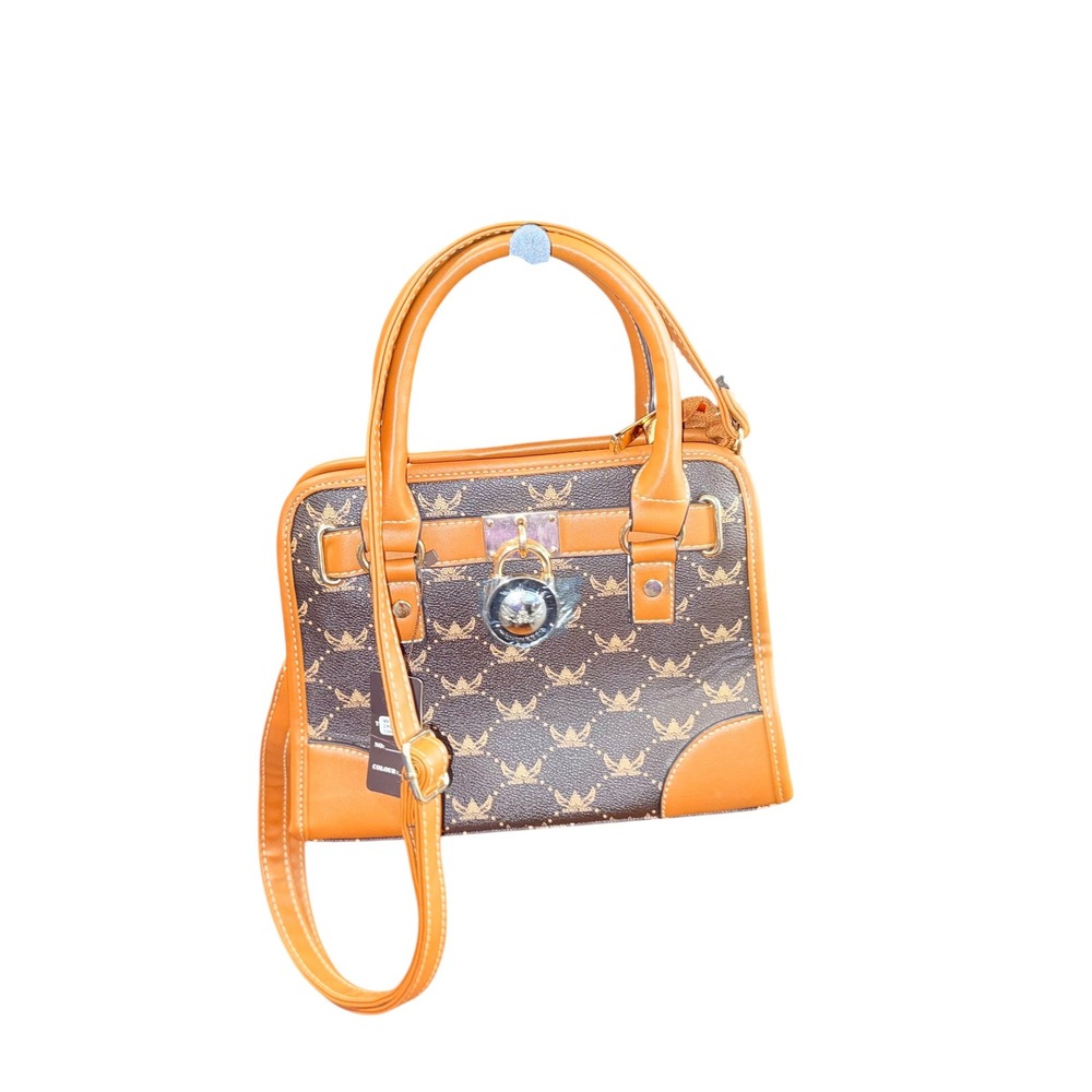 Wendy Keen‎ Monogram Satchel Crossbody Bag Coffee Camel Gold Hardware NEW